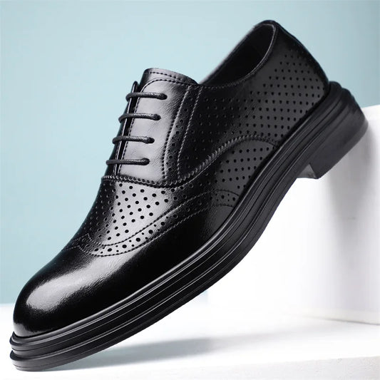 Spring Summer Hallow Leather Shoes for Men 3 6 8cm Increase Fashion Dress Shoes Male Black Business Casual Shoes Man