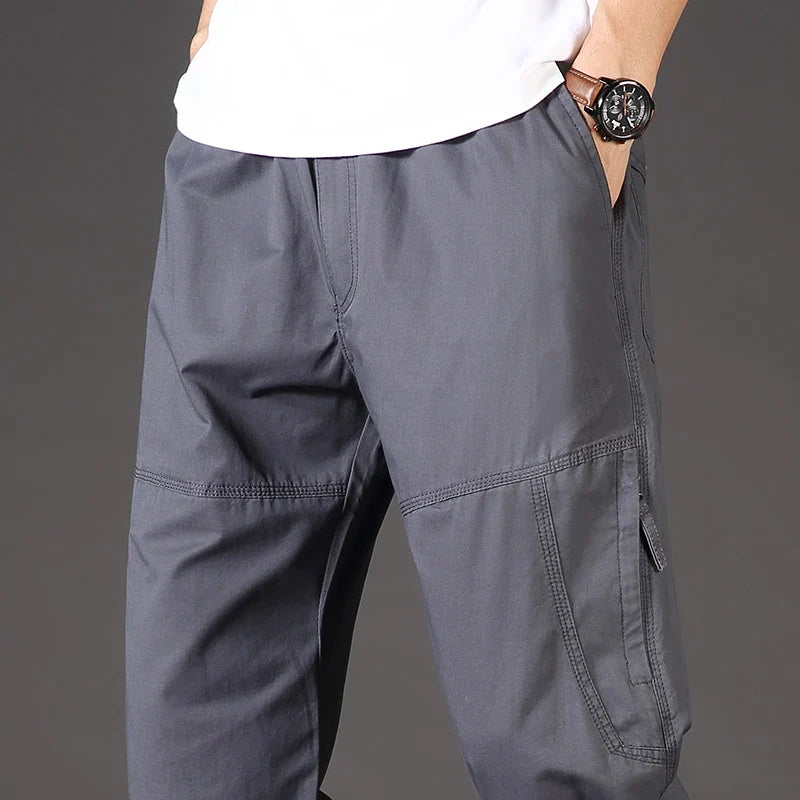 Men's Overalls Cotton Cargo Pants Casual Sports Sweatpants Stretch Waist Work Utility Dungarees Black Gym Jogger Trousers