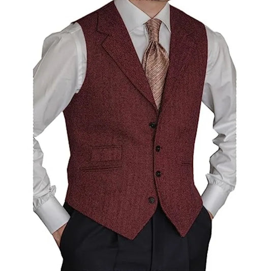 Men Vest Brown Classic Herringbone Pattern Suit Vest Notch Lapel Waistcoat Slim Formal For Wedding Groomsmen Banquet Men Suit
