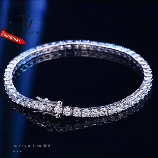 TY Bracelet de tennis moissanite 3mm 4mm en argent sterling 925, entièrement pavé de diamants, plaqué, pour femmes et hommes, bijoux de mariage et de soirée.