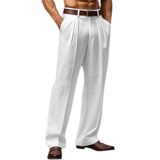 Vintage Solid Color Loose Linen Trousers For Mens Spring Summer New Casual Straight Pants Men Fashion Pleated Breathable Pants