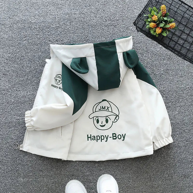 Toddler Boys Hooded Jackets 2025 Spring Autumn Baby Clothing Cute Boy Pattern Color Block Zipper Long sleeves Windbreaker Coats