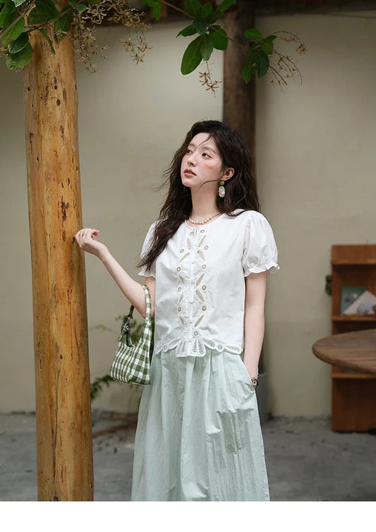 100%Cotton Hollow Embroidery Round Neck Shirt for Women 2025 Summer Puff Sleeve Casual Top Women's Clothing MXE39X1938