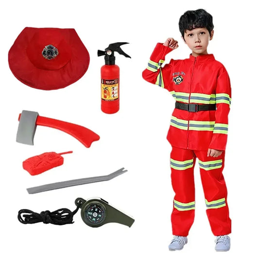 Kid Red Firefighter Costume with Reflective Stripes Zipper Suit Includes Fire Toy Set for Holiday Cosplay Dress Up Party Cosplay
