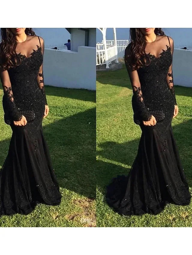 Mermaid / Trumpet Evening Gown Sparkle Dress Homecoming Sweep / Brush Train Long Sleeve Illusion Neck Lace with Appliques 2023