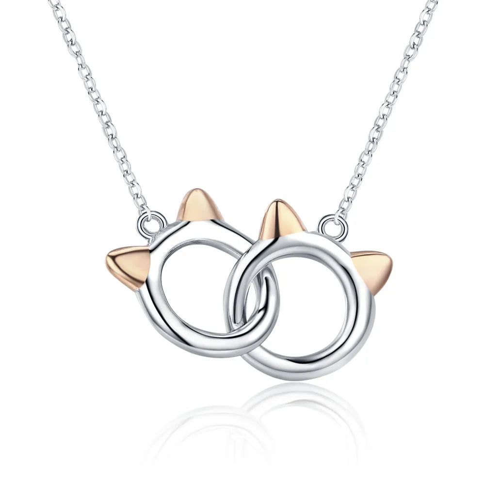 New Arrival 925 Sterling Silver Double Circles Pet Cat Pendant Necklace Cute Animal Chain for Women Jewelry Gift SCN252