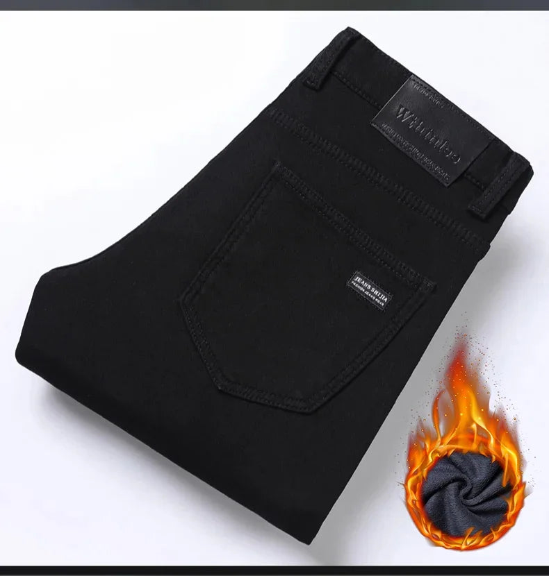 Winter Men Black Straight Stretch Denim Thick Velvet Pants Warm Jeans Casual Fleece Line Trousers Male Plus Size
