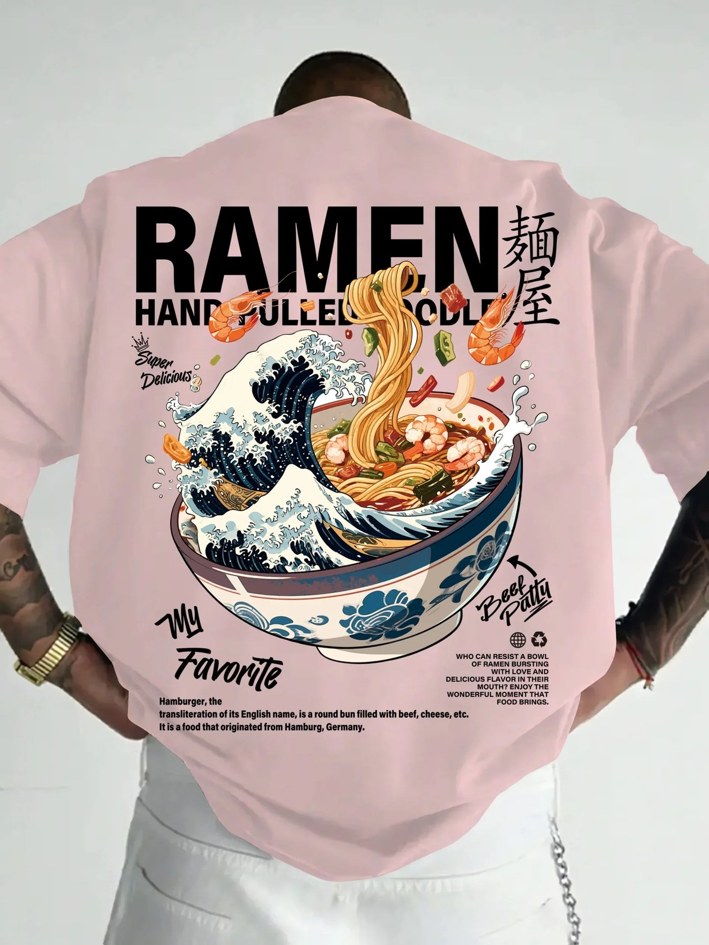 Men New Summer Casual Street Style T-shirt Japanese Waves Ramen Pattern Suitable for Daily Wear 100% Pure Cotton Soft Material