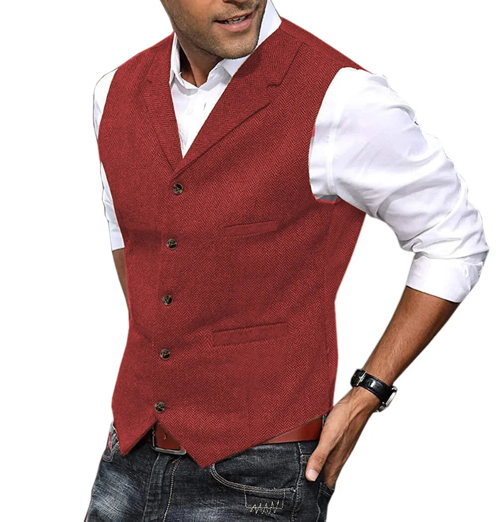 2026 Men's Business Woolen Suit Vest Fashionable British Retro Twill Vest Workwear Slim Fit Vest Elegant Classic Style Black