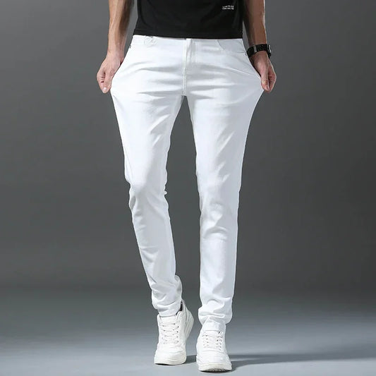 2026 Spring New Men Slim Jeans 98% Cotton White Stretch Straight Casual Fashion Pencil Pants High Quality Trousers Male Clothes