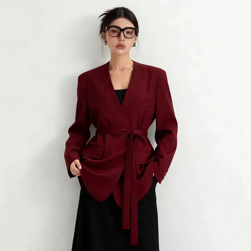 Fashion Collarless Blazers Jacket Ladies Korean Streetwear Design Belt Temperament Blazer Woman Chic Long Sleeve Loose Suit Coat