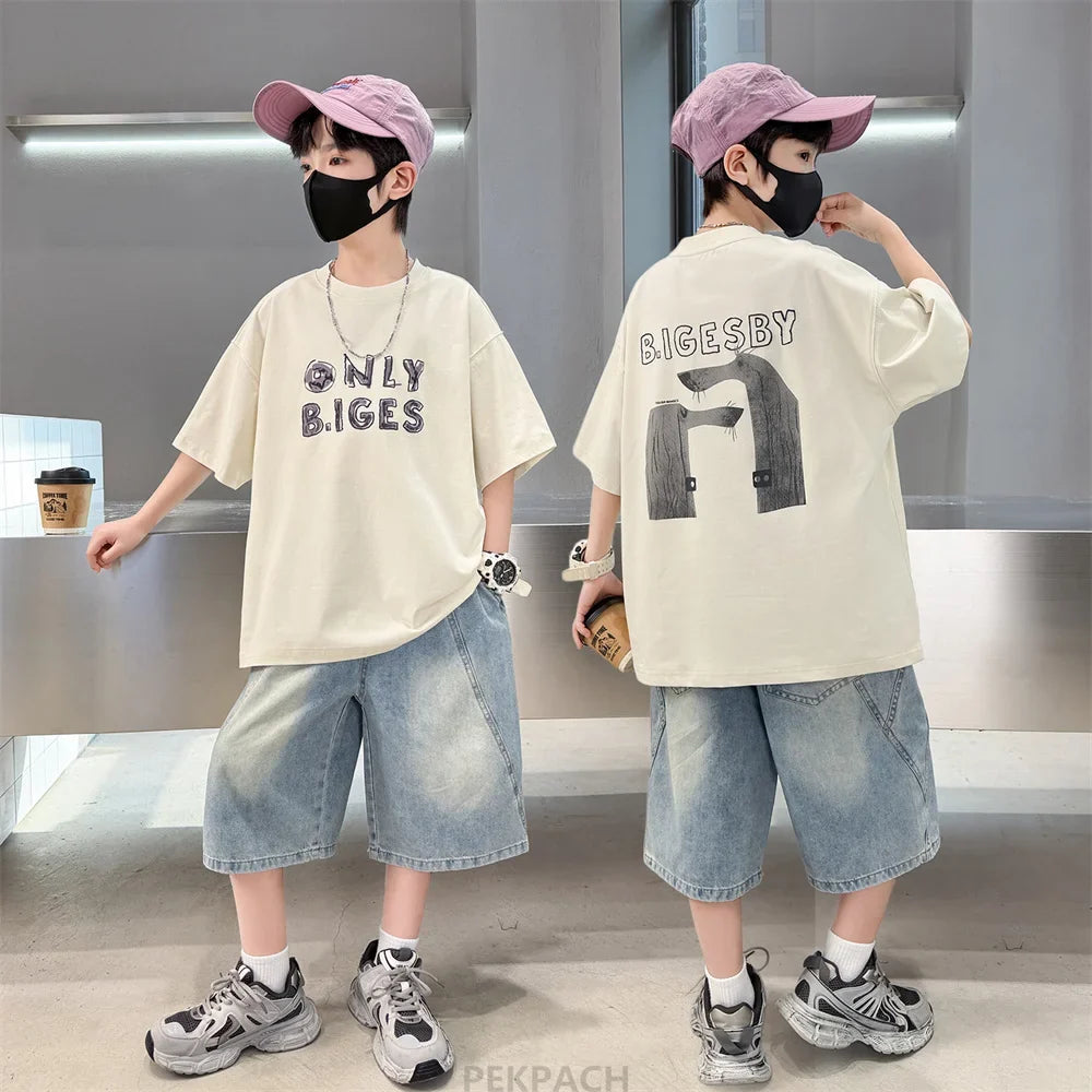 High Quality Children's Summer Suit for Boy Short Sleeve T-shirt + Denim Shorts 2 Pcs Clothing Set Kids Casual Top Bottom Set