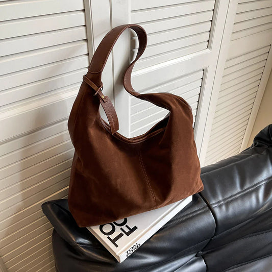 Women Suede Tote Bag Magnetic Closure Shoulder Bag Slouchy Retro Handbag Large Capacity for Work Travel (Velvet+PU)