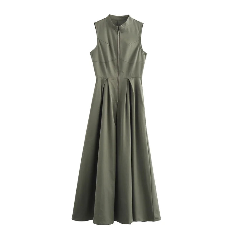 Zipper Long Dress Woman Pleated Sleeveless Bodycon Dress Summer Elegant Party Dresses For Women 2025 New Midi Dresses