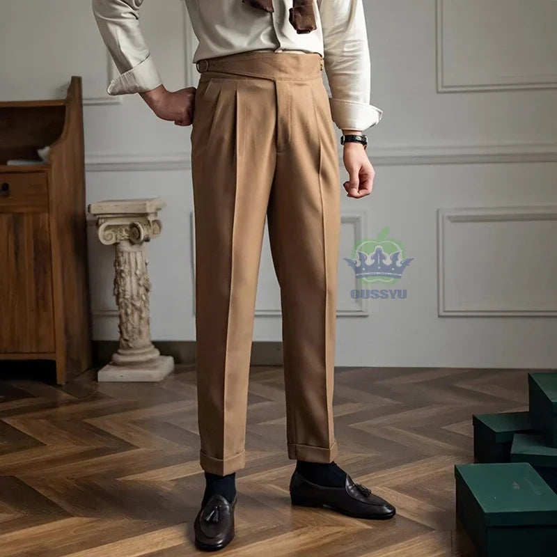 Classics Italian Naples Style White Men's Suit Pants Men High Waisted Straight Fit Work Formal British Business Brand Trousers