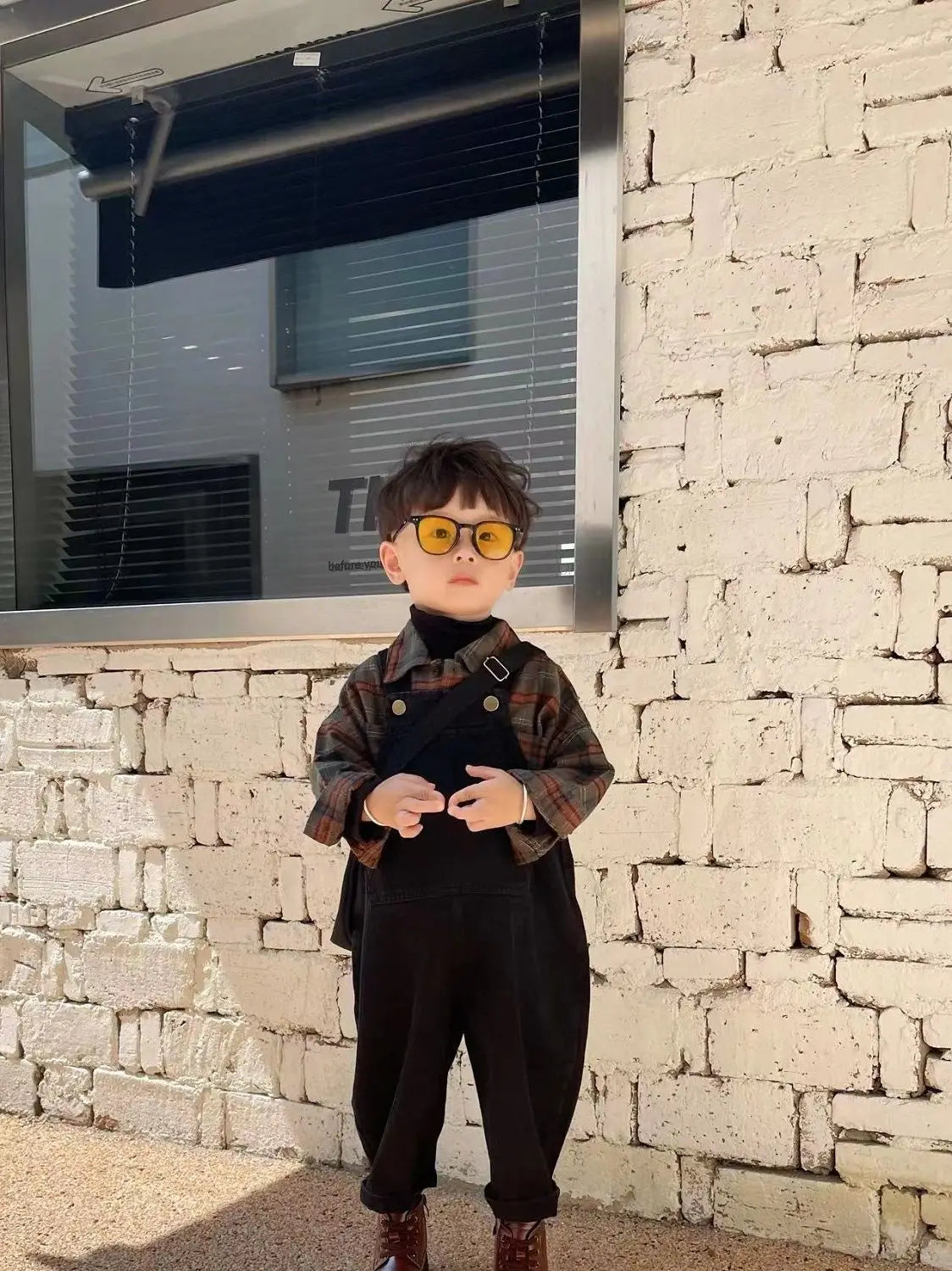 Korean Children's Clothing Girl Boys Suspender Pants+ Checkered Shirt Set Girls Baby Shirt Outfits Spring Autumn Kids Jeans Sets