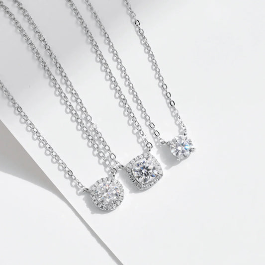 Square & Round Halo Moissanite 925 Sterling Silver Pendant Necklace D Color VVS1 Lab Diamond Necklace For Women Jewelry