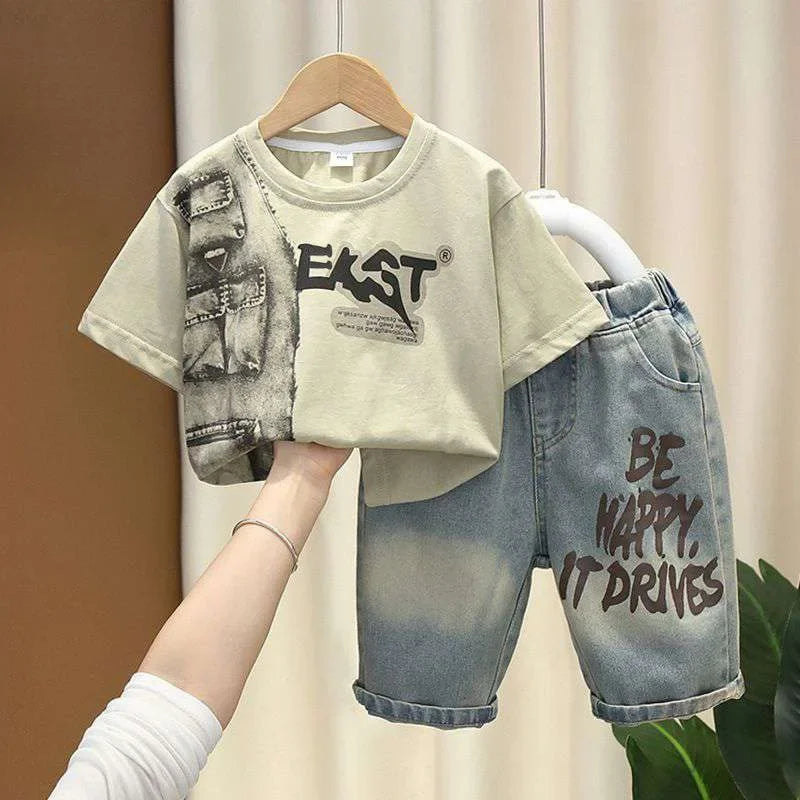 New Summer Casual Boys Clothing Set Handsome Letter Short Sleeve T-shirt + Shorts Jeans Outfit For Kids 2-8 Years Children Suits