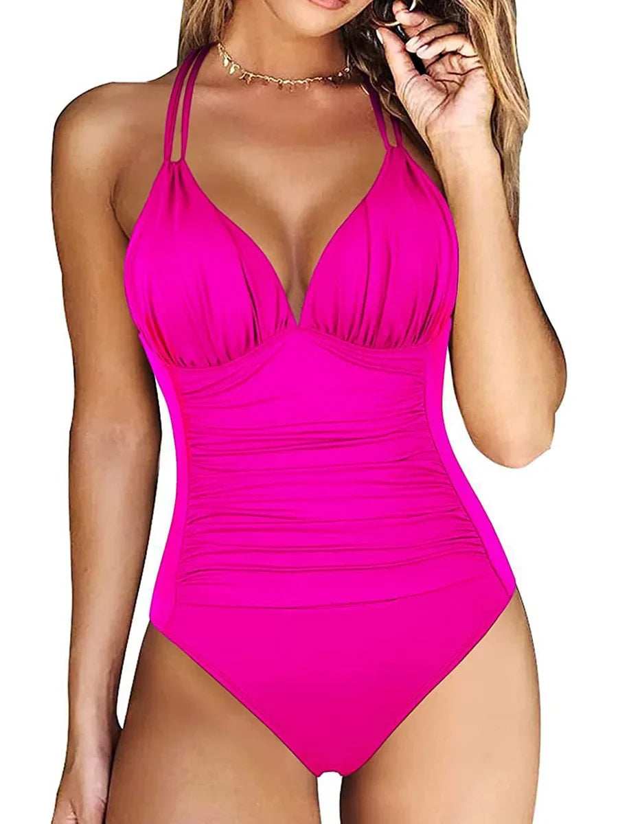 Ruched Wrinkled One Piece Swimsuit Women Swimwear Female Monokini Backless Swimsuits 2025 Bathing Suit Swim Beach Wear Bodysuit