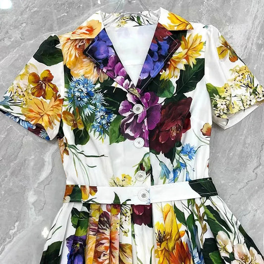 Casual Holiday Style Women Dress Square-Neck Spaghetti Strap Backless Floral-Print Cotton Pleated Dresses