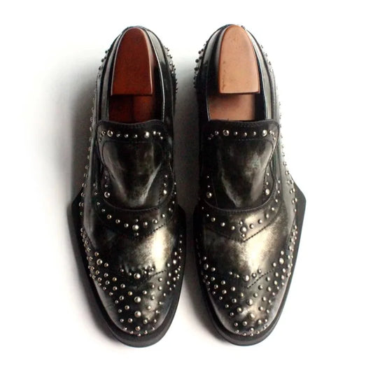 New Shaped Heel Fashion Rivets Leather Shoes Men Handmade Genuine Leather Dress Slip on Loafers Oxfords Office Male Shoes