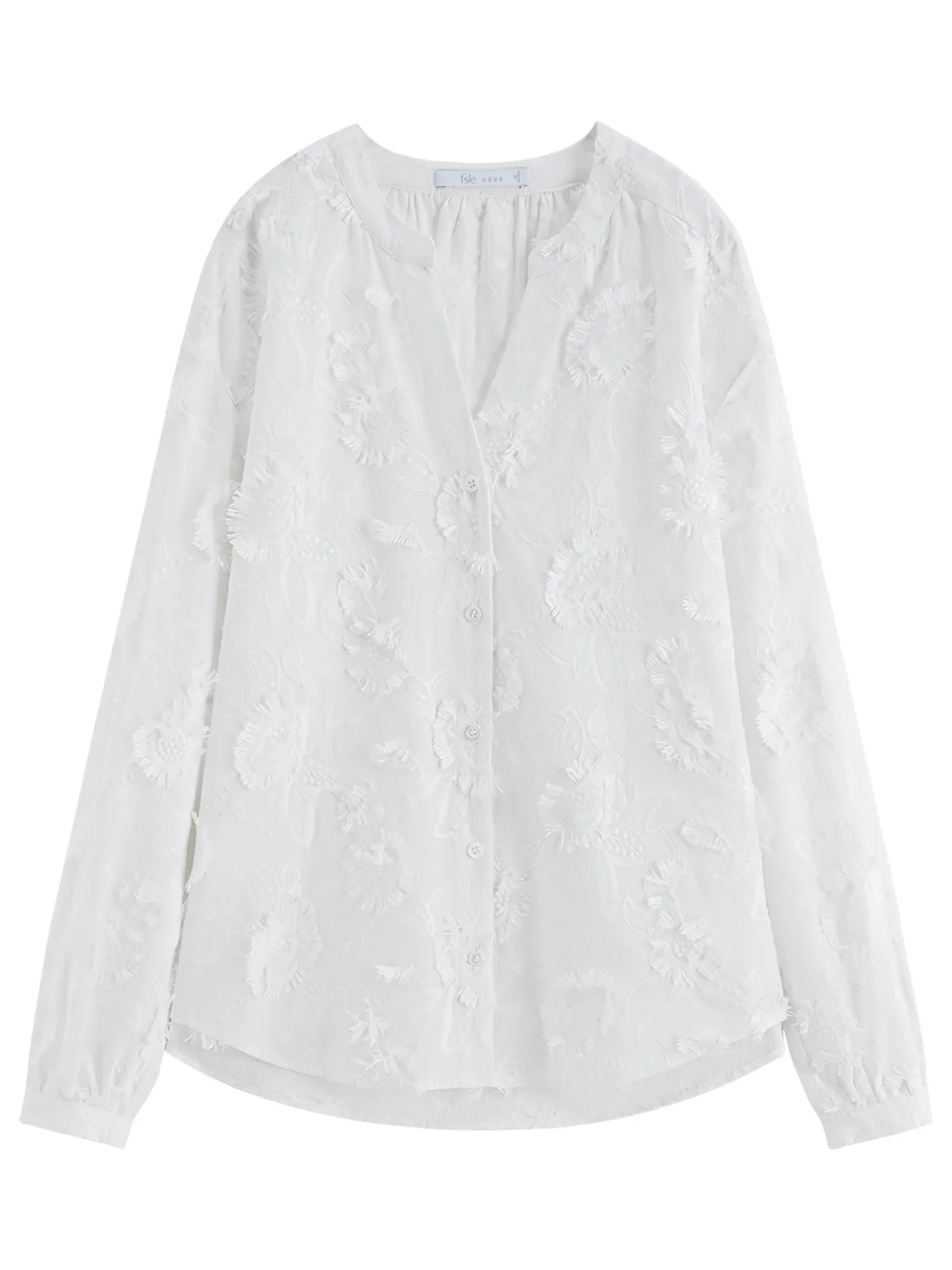 2026 New Spring Summer Women's 3D Jacquard Round V-Neck Blouse Long Sleeve Office Shirt for Quiet Minimalist Commute Top