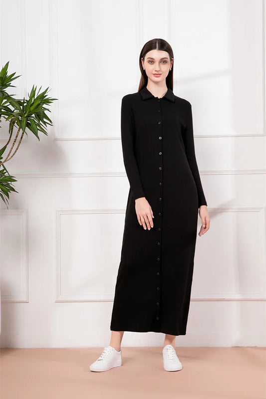 AS 2024 maxi dress button design woman clothes full sleeve Ankle Length comfortable ribbing clothing ( Ship out in 1 day)