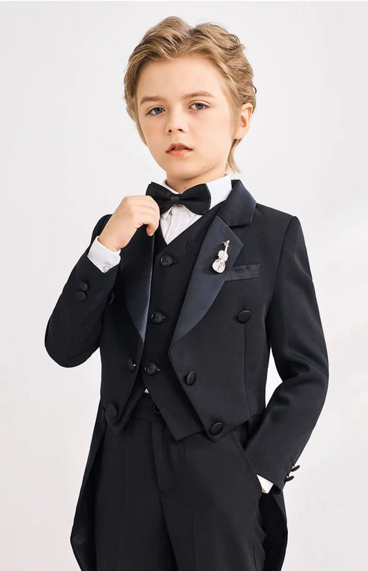 Boys Black 007 Piano Photography Suit Kids Party Ceremony Costume Children Birthday Wedding Prom Eve Performance Tuxedo Dress