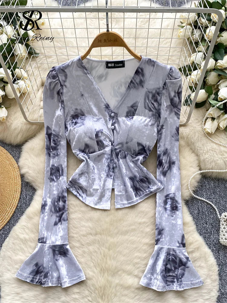 Fashion Butterfly Print Velvet Tops V Neck Flared Sleeve Short Sexy T-Shirt Autumn Senior Elegant Evening Women Blouse