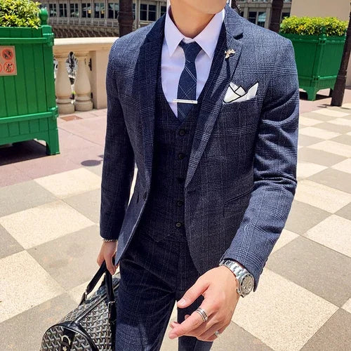 Coffee Brown Men Striped Plaid 3-Piece, Dark Blue Wedding Party Slim Fit Blazers Jacket and Vest with Pants, Asian Size M-5XL