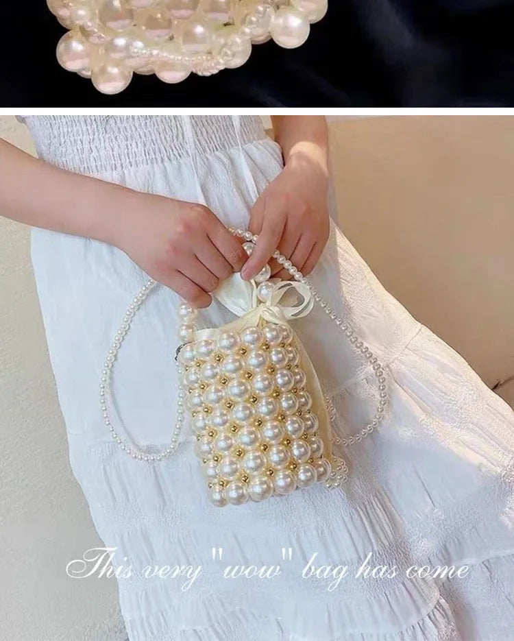 Women's Luxury Pearl Handbag Elegant Handmade Pearl Bucket Bag Detachable pearl chain shoulder Bag Dinner Party Evening Gown Bag