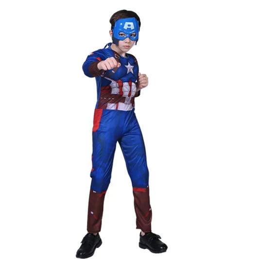 Captain America Muscle Costume Cosplay Superhero Captain America Muscle Jumpsuit Shield Halloween Carnival Party Costume for Kid