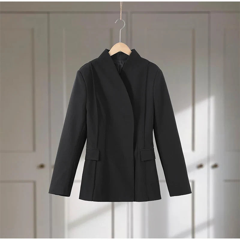 Elegant Women's Black Blazer Coat Long Sleeve Stand Collar Buckle Thick Jacket Female 2026 Spring Autumn Lady Commute Outwear