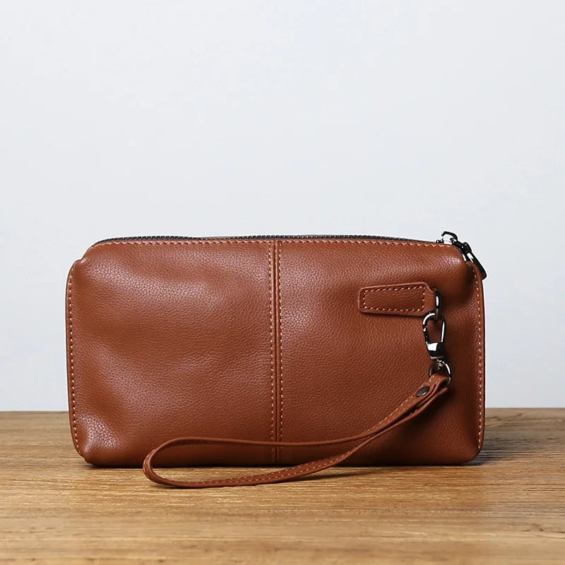Leather Leisure Man With Long Purse, Soft Leather, Hand Zipper, Money Chuck Layer, Cowhide Credit Card Bag, Cell Phone Bag