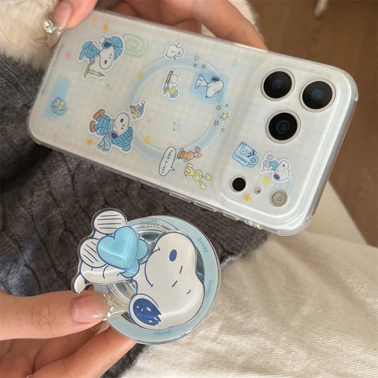Ins Plaid Kawaii Snoopy Magnetic Phone Case for iPhone 17 Pro 13 14 15 16 Pro Max Cover With Magsafe Stand Cute Shockproof Funda