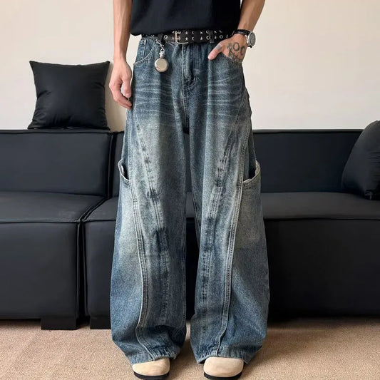 Korean Retro Jeans Men'S Curved Knife Pants Design Sense Vintage Casual Straight Leg Pants Loose Large Pocket Wide Leg Pants