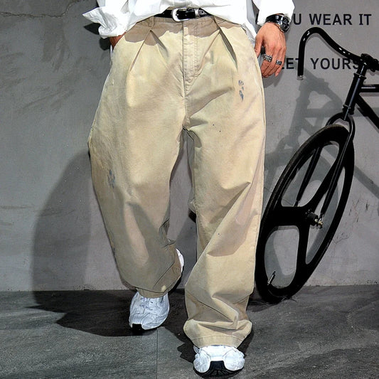 Japanese Premium Vintage Distressed Paint Splash Cargo Pants Men Streetwear Loose Casual Straight Leg Haram Trousers Trendy