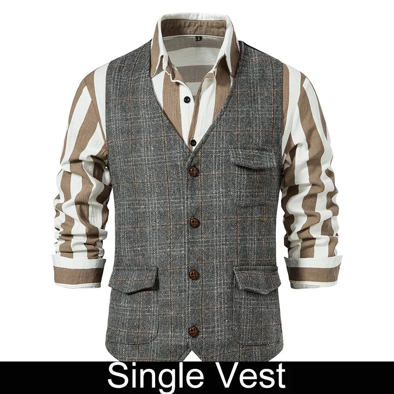 Suit Vest Men British Style Plaid Single-breasted Pocket Man Waistcoat Business Casual Slim Sleeveless Male Vest