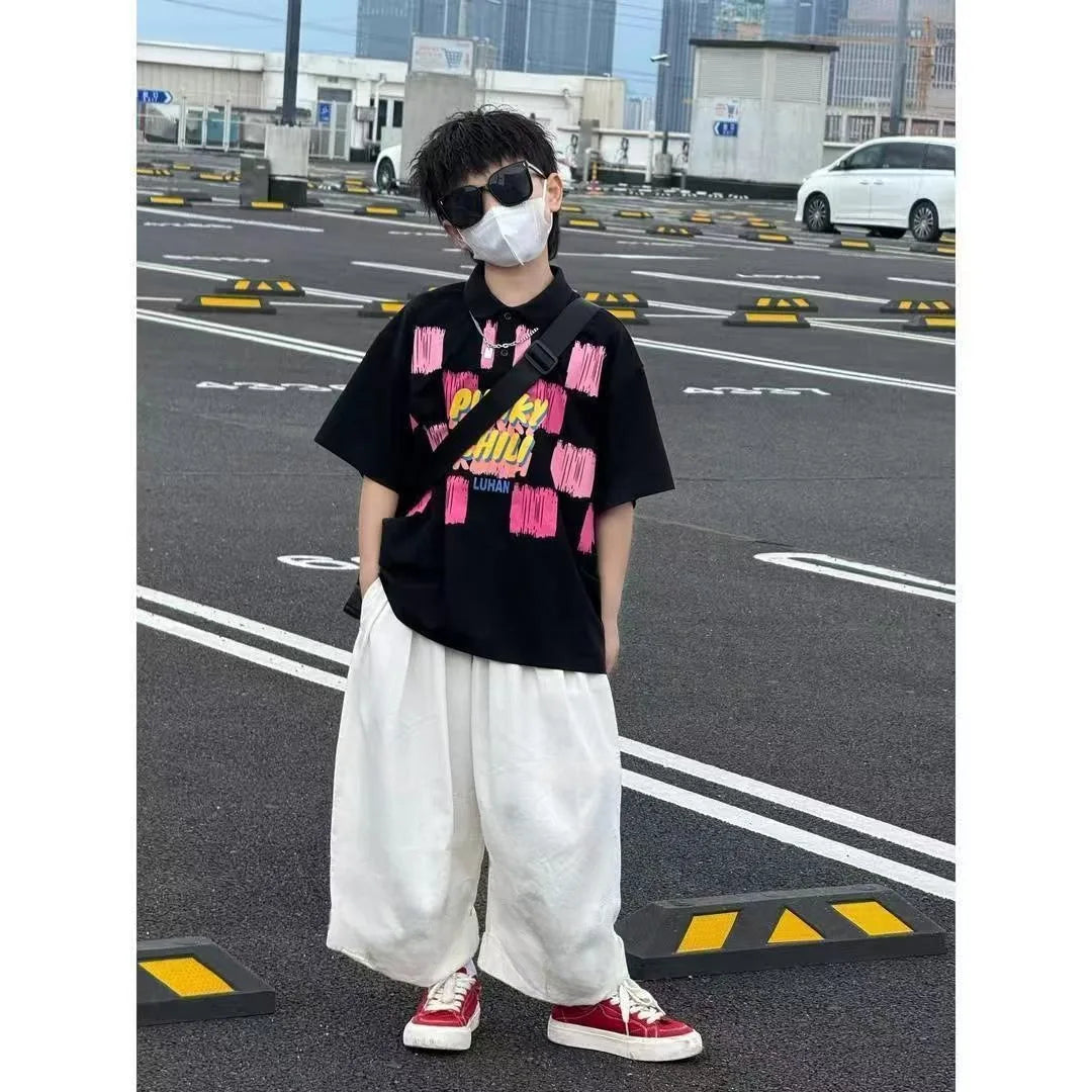 Summer Boys Cotton Stylish Graffiti Alphabet Shirt Top+Plain Wide-Leg Pant Set School Kids 2PCS Tracksuit Children Outfit 7-16Yr