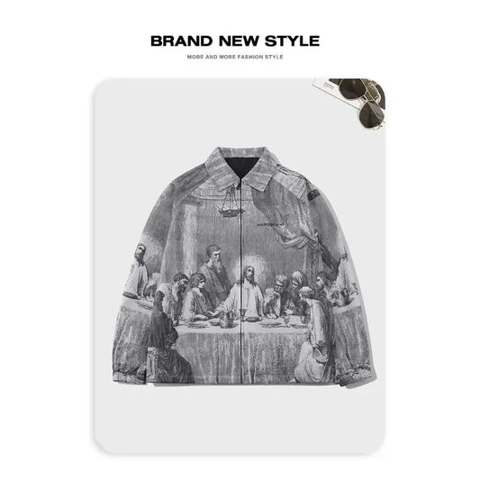 Autumn Men Jacket Oversized Painting Printing Couples Thin Casual Jackets Male Female Silk Vintage Clothing Man Coats Outerwear