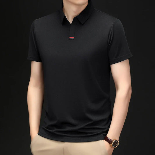 High quality brand solid color V-neck short sleeve polo shirt men summer fashion simple casual ice silk breathable lapel T-shirt