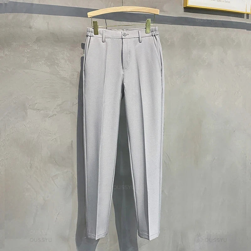 Summer Men's Casual Pants Suit Pant Slim Fit Work Elastic Waist Thin Jogging Business Trousers Male Black Grey Plus Size 40