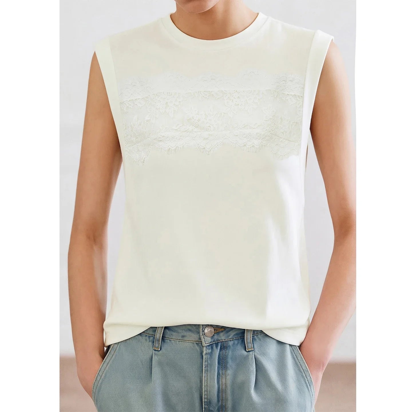 Women's Top 2026 Summer New Round Neck Lace Trim 100% Cotton Tank Tee Loose Casual Sleeveless T-Shirt For Women 12622139