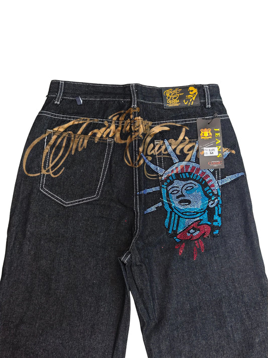 Retro 2000s Diamonds Jeans Y2k Statue of liberty Casual Denim Pants High Waist Straight Harajuku Wide Leg Jeans Women Clothing
