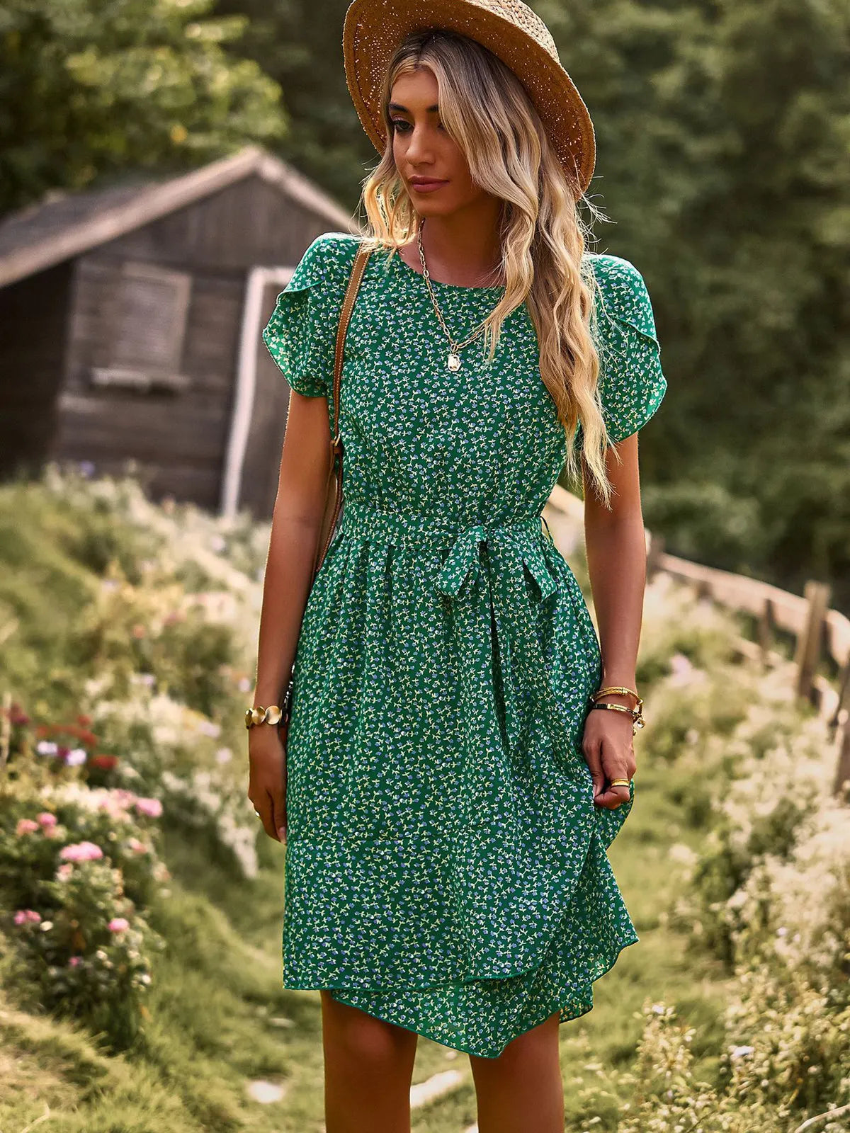 Summer O Neck Casual Printd Women Strap High Waist Pleated Floral Dress