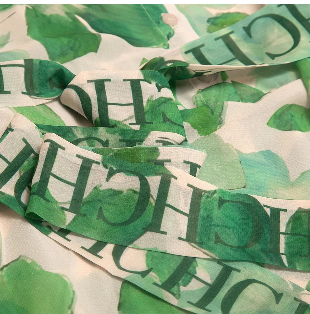 Women's Dress 2025 Spring New Long Sleeve Collar Green Flower Vacation