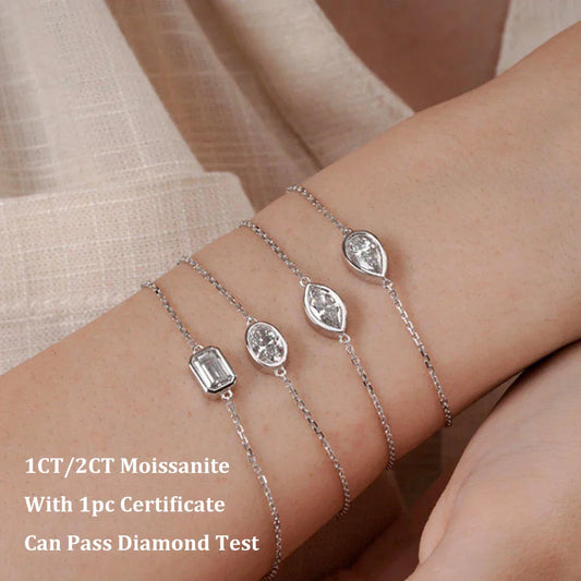 Bracelet de Maillons Solitaire en Moissanite Coupe Poire Ovale Sertie Clos 1/2CT Femme Argent S925 Fin Diamant Mariage Chaîne Poignet Cadeau
