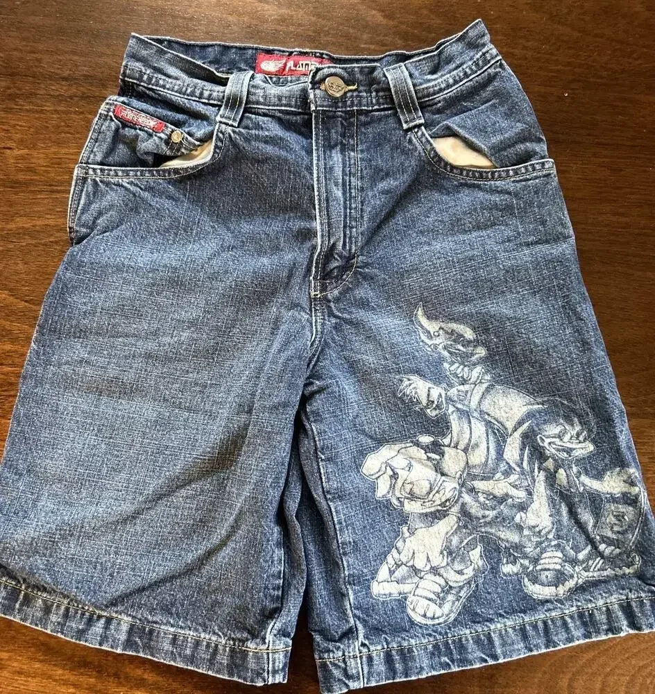 Men Dark Wash Denim Shorts Back Pocket Cherry Blossom Embroidered Loose Fit Knee Length Vintage Streetwear Casual Summer Wear