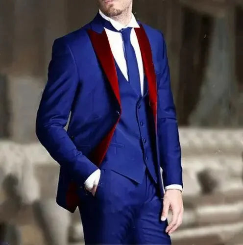Royal Blue Men Tuxedos Groom Wedding Suits Red Notched Lapel Best Man Wear Slim Fit Prom Party Blazer Long (Jacket+Vest+Pants)