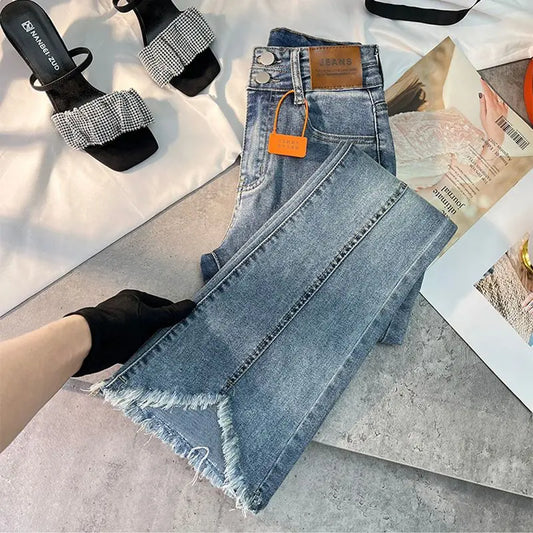 Women Autumn Y2K Slim Flared Denim Trouser Raw Edge Vintage Sexy Minimalist Pant Grunge High Waist Solid High Street Retro Jeans